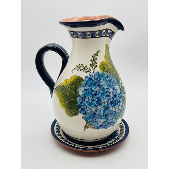 Casafina Pitcher Jug Hydrangea Blue Hand Painted Portugal W Under Plate Large - Picture 3 of 12